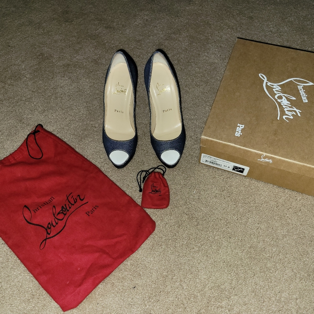 Christian Lou Boutin Peep Toe Denim Heels